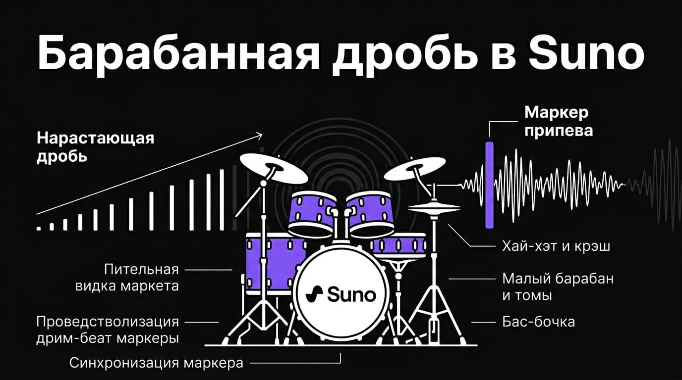 Барабанная дробь в Suno: какими тегами вызвать и куда вставить в трек