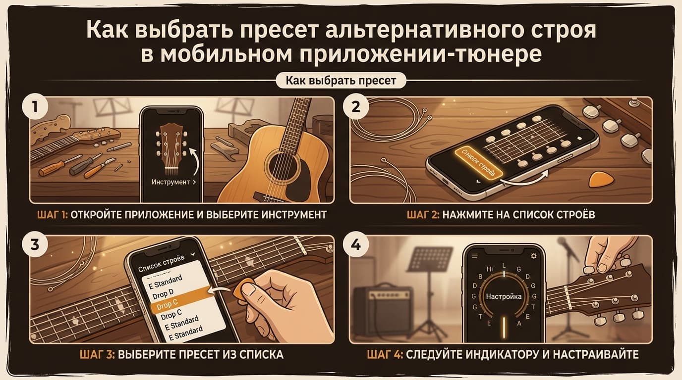 Как перестроить гитару в Drop C через GuitarTuna: пресет и бесплатный способ — фото 2