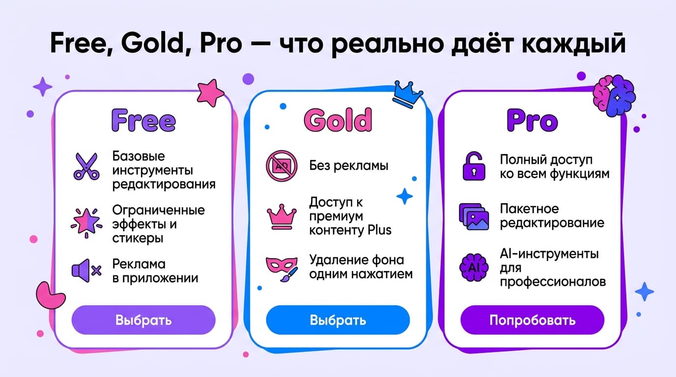 PicsArt в 2026 году: разбираемся в тарифах Gold, Plus и Pro и как оформить подписку из России — фото 1