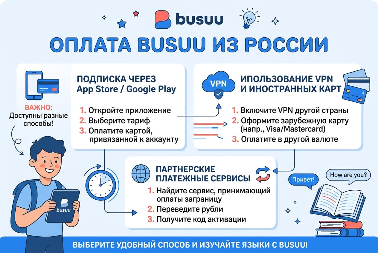 Как оплатить Busuu из России в 2026 году: подписку Premium без зарубежной карты