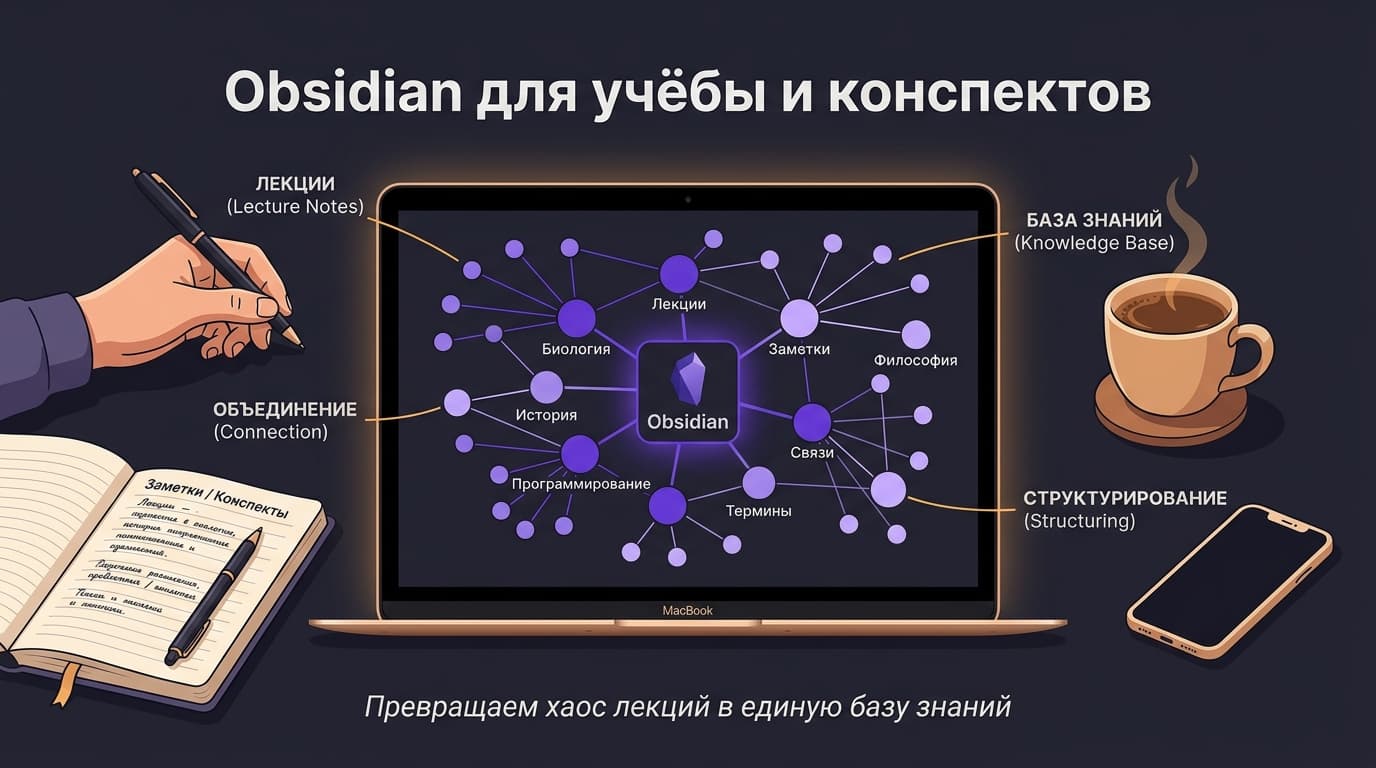 Obsidian для учёбы и конспектов: как вести заметки, связывать лекции и платить за подписку из России
