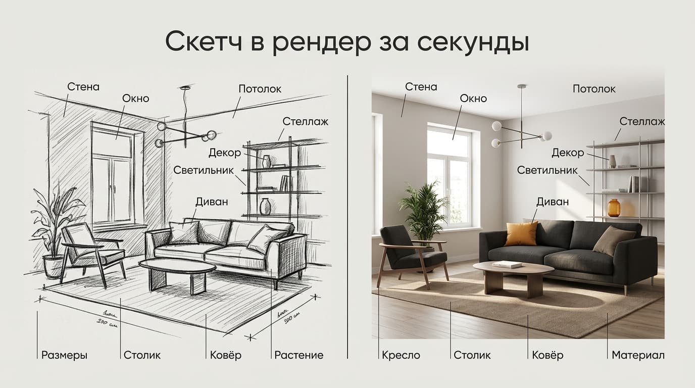 Как Krea превращает карандашный скетч комнаты в рендер за пару секунд — фото 1