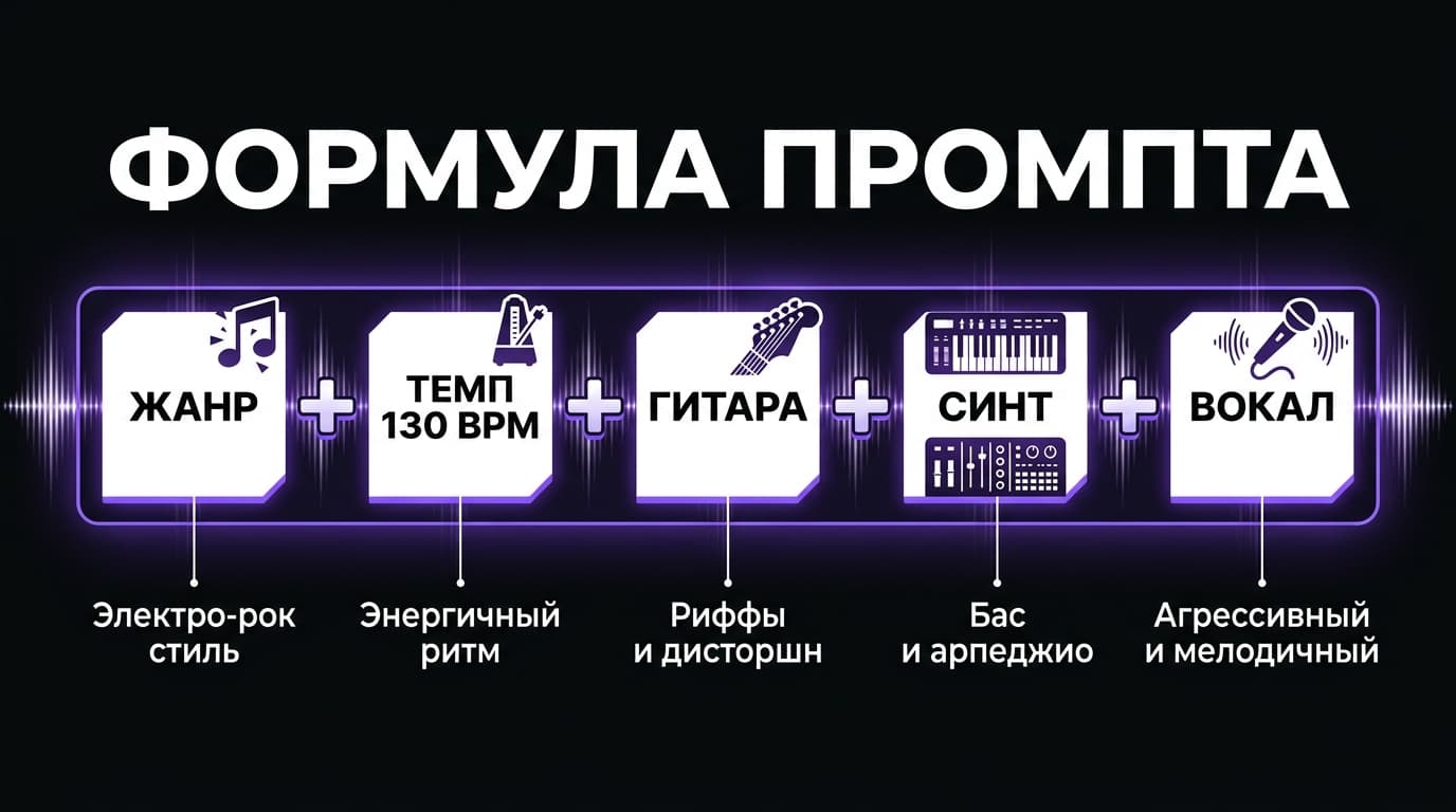 Электророк в Suno: как собрать промпт, чтобы получить тяжёлые гитары и синтезаторы одновременно — фото 1
