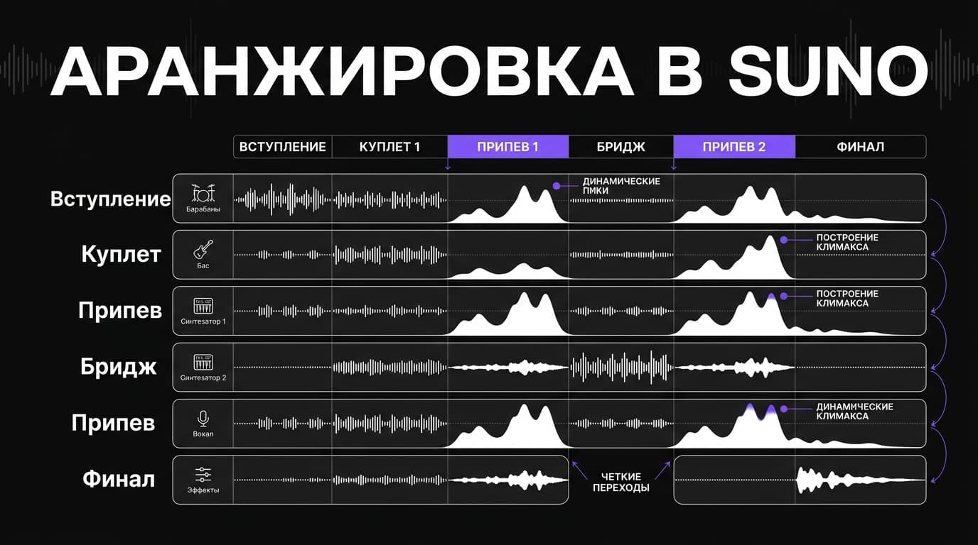 Аранжировка в Suno: как выстроить инструменты, форму и динамику трека